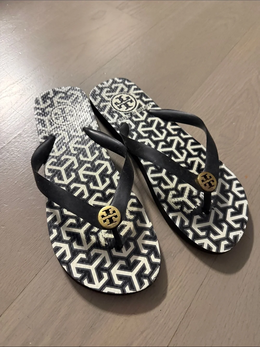 Tory Burch Black & White Geometric Logo Flip Flops